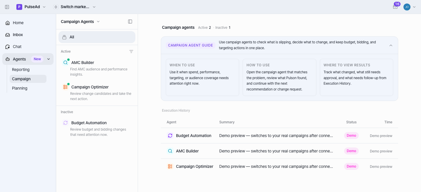 The Campaign agents page — the guide card, the campaign agents, and Execution History