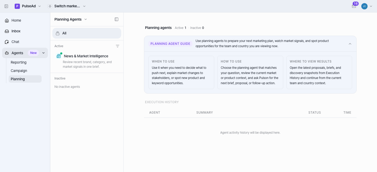 The Planning agents page — the demo workspace showing News & Market Intelligence