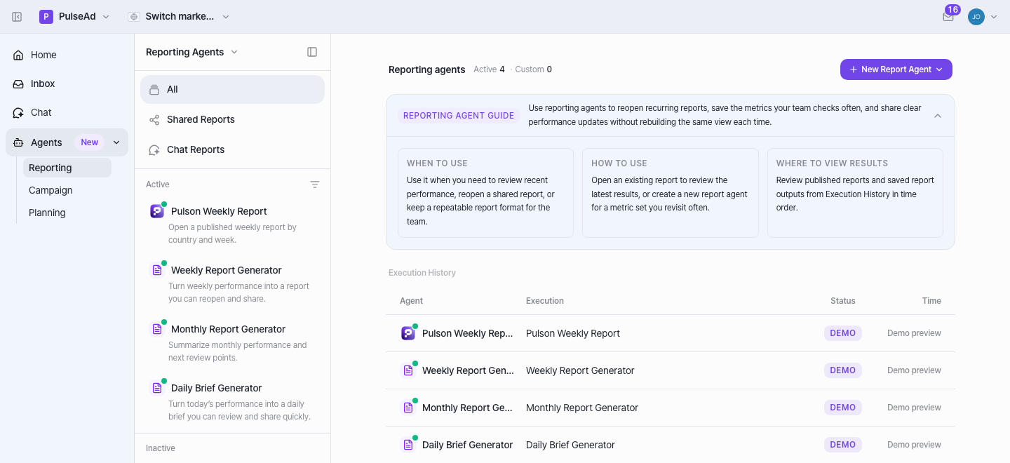 The Reporting agents page — the guide card, four report agents, and Execution History