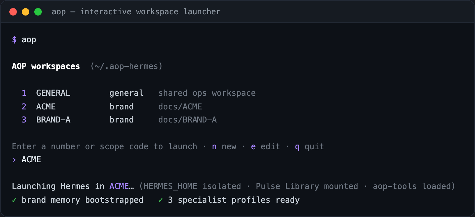 aop — the interactive workspace launcher listing GENERAL and per-brand workspaces